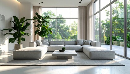Fototapeta premium Contemporary interior design featuring natural light, greenery, and comfort.