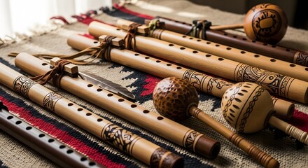 Close-up shot of several handcrafted wooden flutes and percussion instruments arranged on a woven surface.