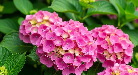 Fototapeta premium Close-up of vibrant pink hydrangea blossoms in a garden setting.