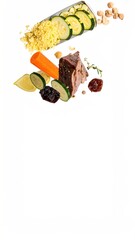Deconstructed Gourmet Dish with Couscous, Zucchini, Carrot, and Beef on a White Background