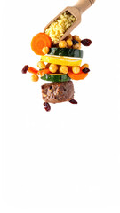 Stacked Food Ingredients with Couscous, Carrot, Zucchini, and Beef on White Backdrop