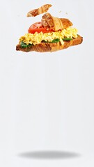 Deconstructed Croissant Sandwich with Scrambled Eggs, Spinach, Cheese, and Tomato on White