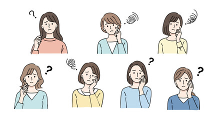 Diverse women express confusion and doubt with thoughtful poses, questioning uncertainty