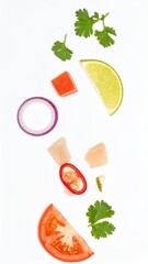 Fresh Ceviche Ingredients on White Background Overhead View Culinary Preparation Concept
