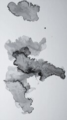 Abstract Ink Wash Background with Dark Shapes and Delicate Texture Design on White