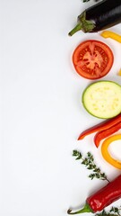 Overhead Flat Lay of Fresh Vegetable Slices and Culinary Herb Sprigs on White Backdrop