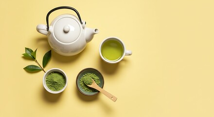Minimalist flat lay of green tea essentials with a ceramic teapot, cup, and matcha powder against a pastel background