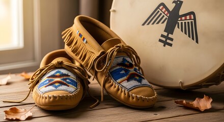 A pair of tan leather moccasins with beaded designs sit in front of a drum featuring a stylized eagle emblem.