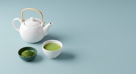 Fototapeta premium Exclusive Minimalist flat lay of green tea essentials with a ceramic teapot, cup, and matcha powder against a pastel background HD Image