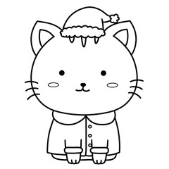 Obraz premium Cute black and white cat wearing Christmas hat and coat with joyful expression perfect for holiday celebration designs