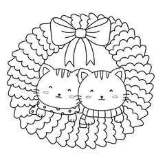 Cute black and white Christmas wreath with two happy cats wearing scarves and big bow creating joyful holiday feeling