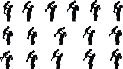 Father lifting child silhouette, joyful parenting moment, family bonding concept, playful childhood, black and white icon, emotional connection, minimalist design