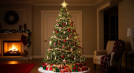 Cozy Christmas Eve: A Warm Home with a Lit Fireplace and Sparkling Decorated Tree