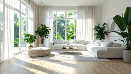 Spacious, modern living room with natural light, white sofa, and plants.