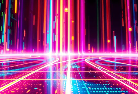 Abstract glowing neon grid, holographic textures, circuit board patterns,  stylish,  digital