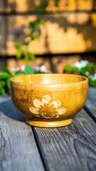 Wooden bowl on rustic table, floral carving