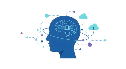 AI・DXと未来のテクノロジー概念イラスト - 頭部とデジタルネットワークのフラットアイコン