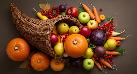 Abundant Cornucopia Overflowing with Fresh Fall Harvest Fruits and Vegetables