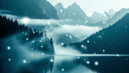 A mystical mountain landscape reflects in a calm lake as magical glowing orbs float through the mist and a dragon flies overhead - Powered by Adobe