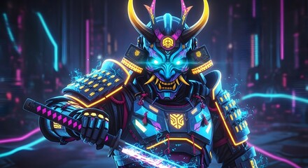 Cyberpunk Oni Mask with Glowing Neon Accents and Circuit Details