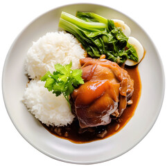 Braised pork leg and rice on a white plate, isolated background.