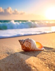 Obraz premium Seashell on Golden Sand at Sunrise