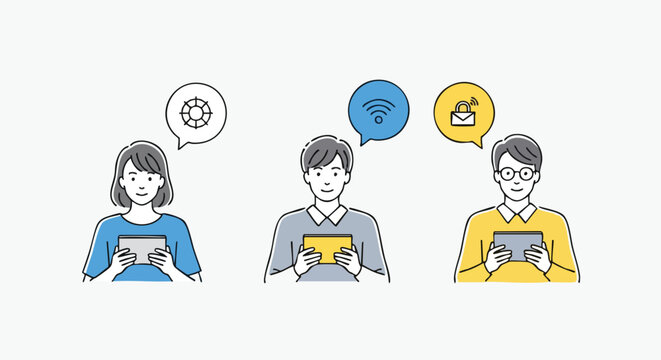 Diverse people engaging with digital devices, sharing ideas, and connecting online