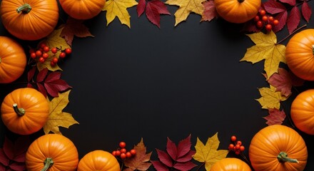 Festive Autumn Pumpkin Arrangement with Colorful Leaves and Berries on Dark Background