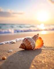 Obraz premium Seashell on Sandy Beach at Sunrise (1)