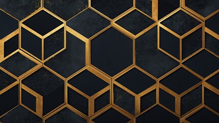 Dark, textured hexagonal pattern with gold metallic frames creating a 3D cube illusion; elegant and luxurious aesthetic