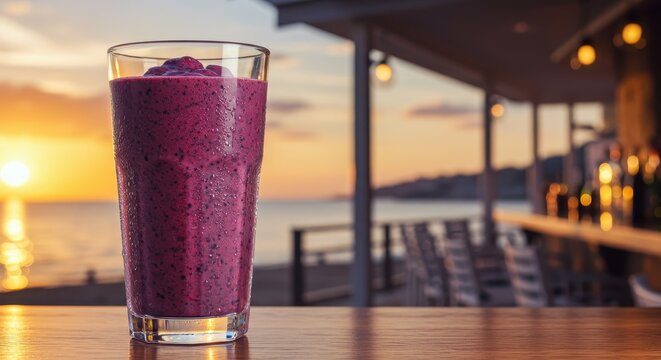 Refreshing Berry Smoothie in Clear Glass Against Sunset View with Natural Light at a Beachside Bar
