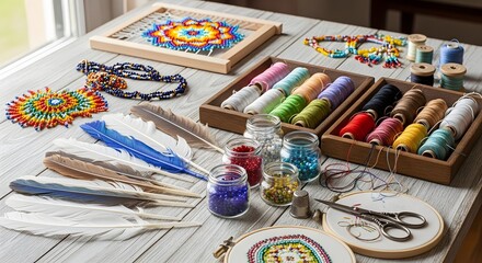 A crafter's table displays colorful supplies for beading and jewelry making, including threads, feathers, and a bead loom.