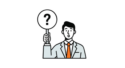 Professional man with surprised expression holding a question mark sign seeking answers