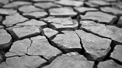 Monochrome fissures: The parched earth texture speaks of aridity and land degradation