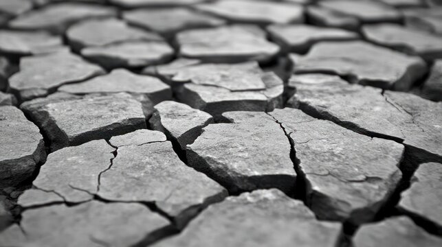 Monochrome fissures: The parched earth texture speaks of aridity and land degradation