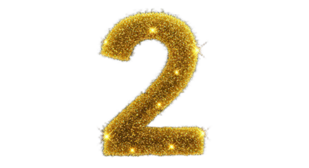 Brilliant golden number two isolated on transparent background, a glamorous and celebratory design element for events