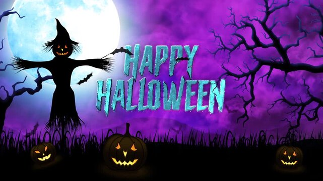Happy Halloween Greatings with cemetry, moon, flying bats, flying witches and strawman opener animation. 