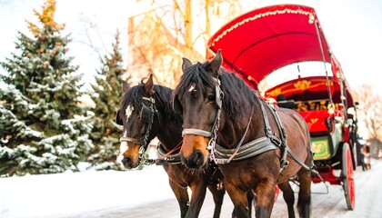 Two brown horses pull a red horse-drawn carriage through snowy winter scenery