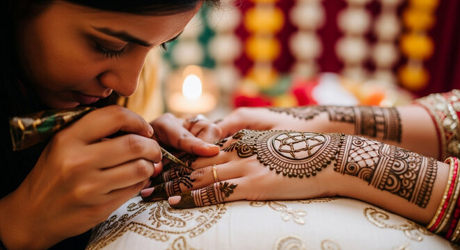 Intricate henna artist creating beautiful traditional mehndi designs on bride's hands for wedding celebration