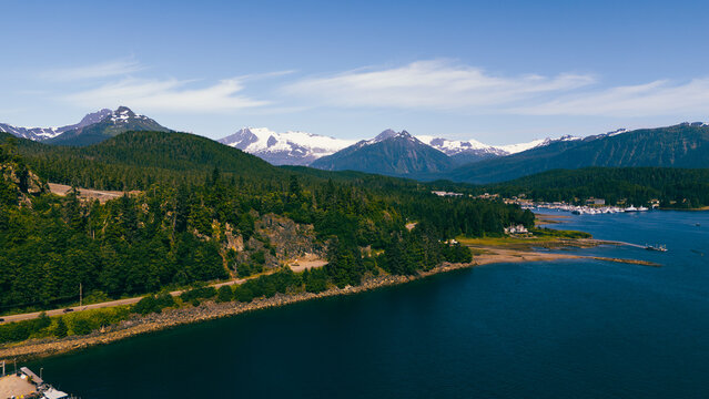 Above bay in Alaska with snow capped mountains 