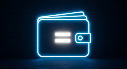 Neon wallet icon glowing with equality symbol, representing financial balance and digital currency.
