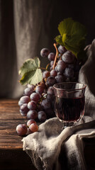 Rustic still life with glass of red wine and fresh grapes on wooden table
