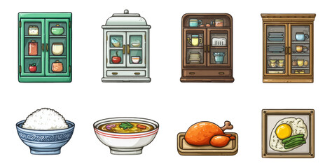 Colorful Collection of Kitchen Cabinets and Food Items on Transparent Background