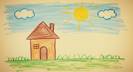Exclusive A child's drawing from the 90s, made with crayons, featuring a simple house and sun, a nostalgic artifact HD Image