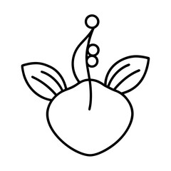 Stylized outline drawing of a cherry with leaves and stem silhouette