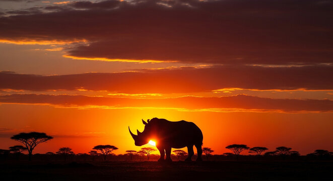 Fototapeta Majestic rhino silhouetted against a fiery African sunset, a symbol of wild beauty and conservation