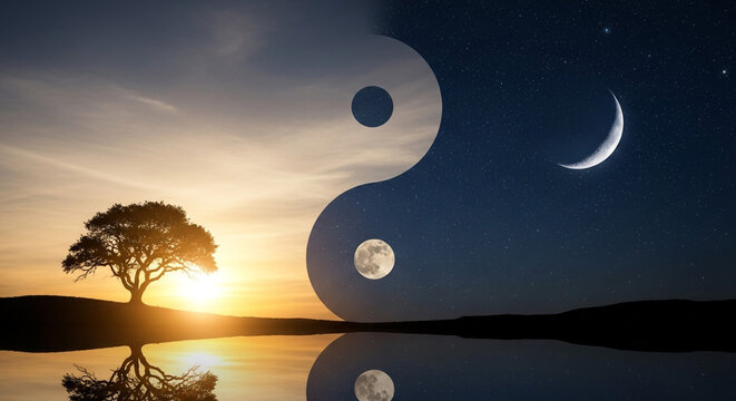 Serene landscape merges day and night symbolized by yin yang, reflecting balance and harmony