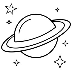 Fototapeta premium Stylized outline of saturn with surrounding stars in a simple line drawing silhouette
