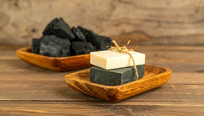 Wooden bowl with activated charcoal and soaps
