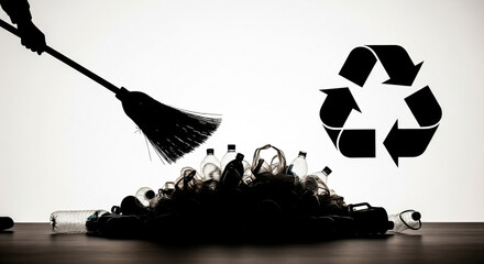 Cleaning up plastic waste with a broom, promoting recycling and environmental awareness